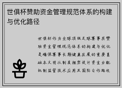 世俱杯赞助资金管理规范体系的构建与优化路径
