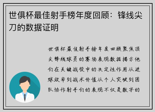 世俱杯最佳射手榜年度回顾：锋线尖刀的数据证明